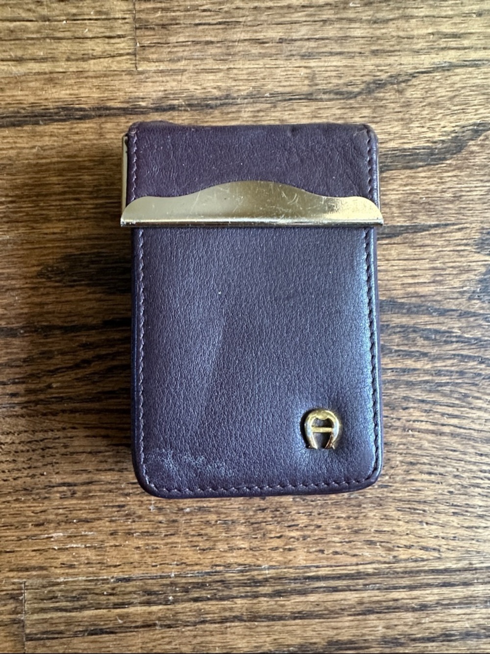 Brown Leather Money Clip Card Holder with Gold Accent